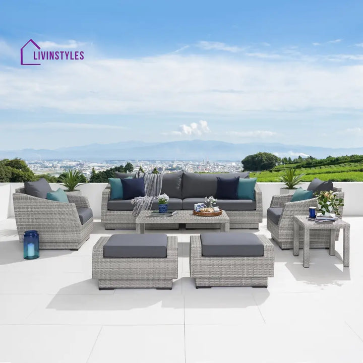 Floriana Outdoor Patio Sofa Set 3 Seater 2 Single Seater 2 Footstool 1 Side table and 1 Center Table (Silver) - Sofa