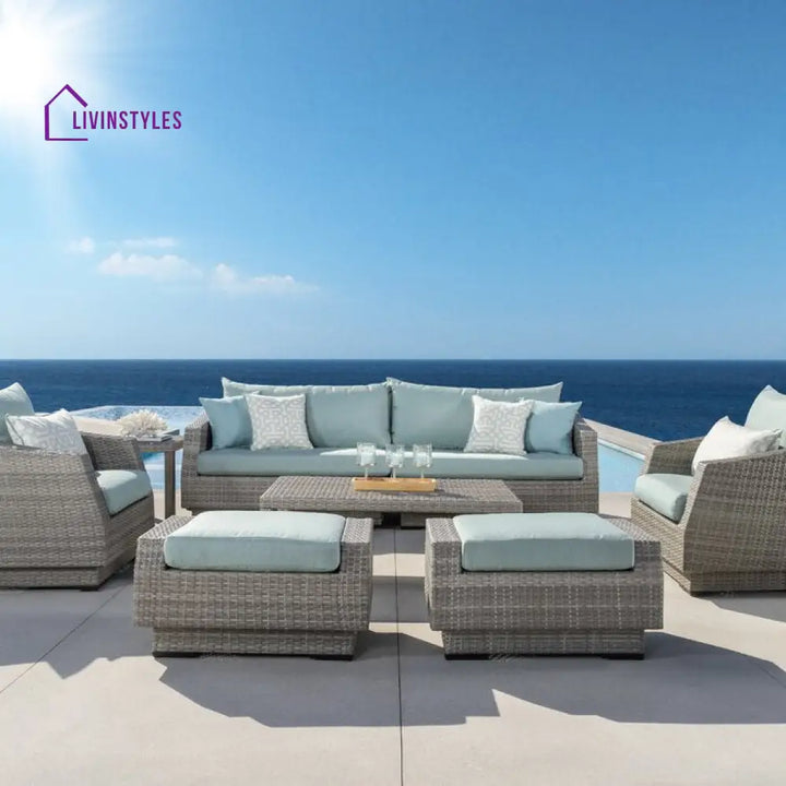 Floriana Outdoor Patio Sofa Set 3 Seater 2 Single Seater 2 Footstool 1 Side table and 1 Center Table (Silver) - Sofa