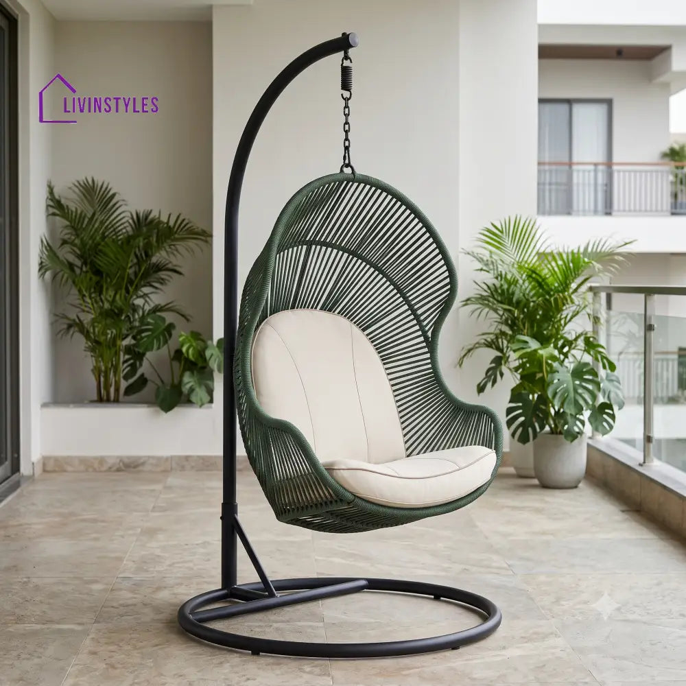Florimond Metal Frame Hanging Swing Chair With Stand and Rope Woven Seat