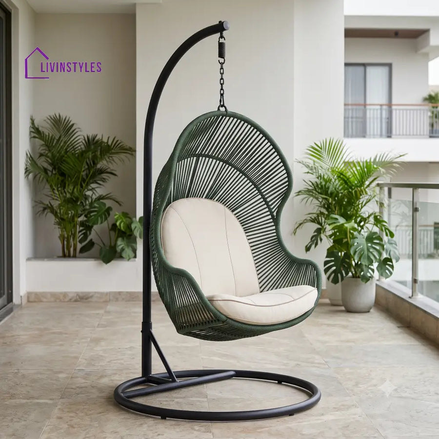 Florimond Metal Frame Hanging Swing Chair With Stand and Rope Woven Seat