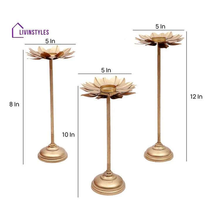 Flowering Gold Tall Stand Tealight Holders | Set Of 3 Tea Light