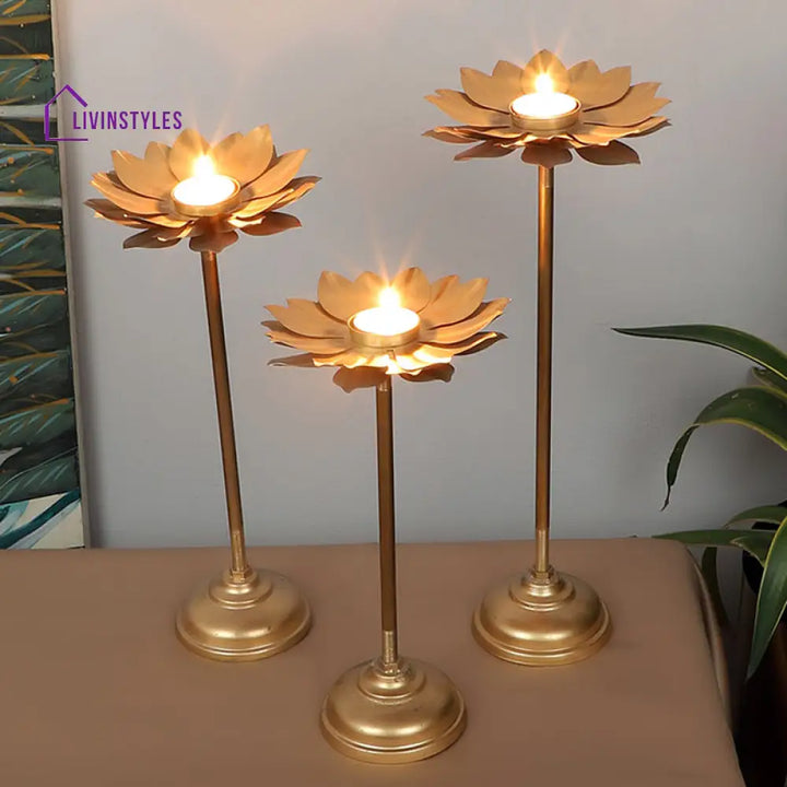 Flowering Gold Tall Stand Tealight Holders | Set Of 3 Tea Light