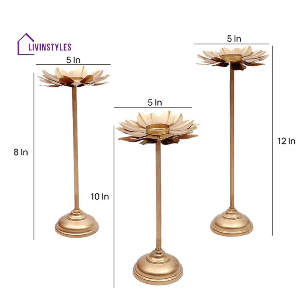 Flowering Gold Tall Stand Tealight Holders | Set Of 3 Tea Light