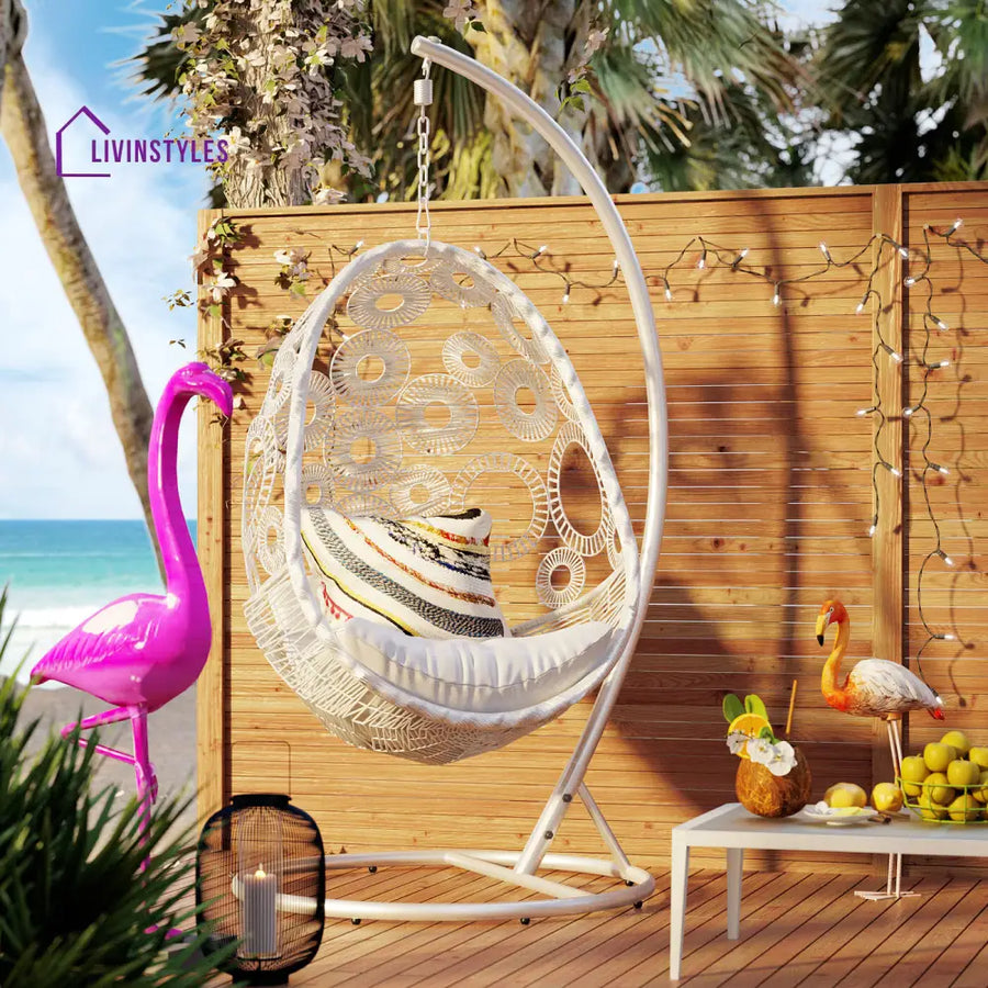 Flutter Single Seater Hanging Swing With Stand For Balcony Garden (White) - Swings