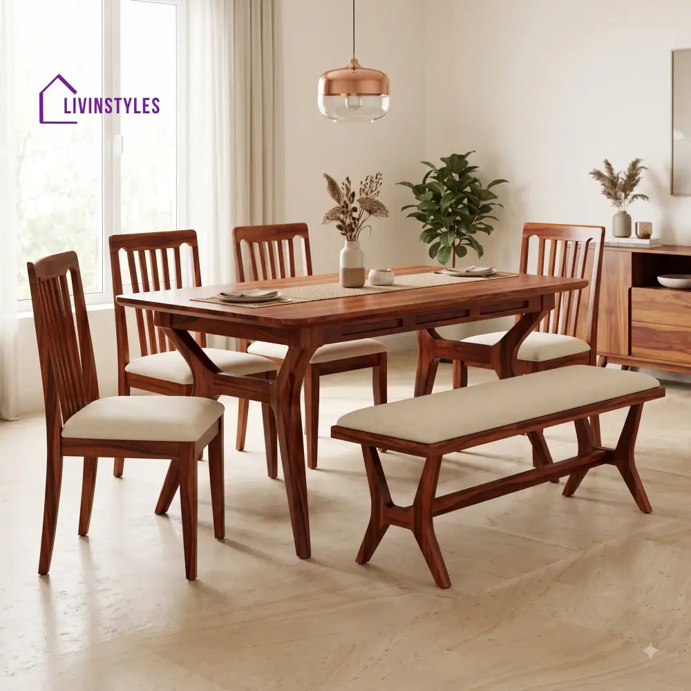 Folake Wooden 6 Seater Dining Table Set | 4 Chairs and 1 Bench | Table 72 X 36 X 30 Inch