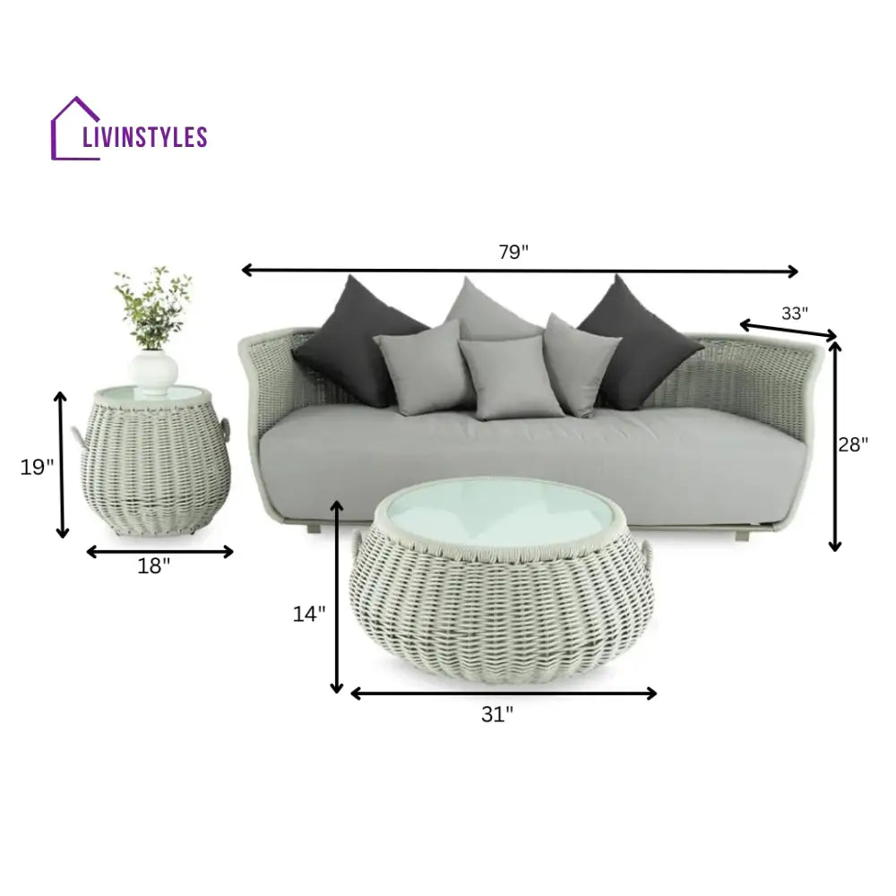 Fonsie Outdoor Sofa Set 3 Seater 1 Side Table and 1 Center Table Set (Grey) Braided & Rope (Copy) - Sofa Sets