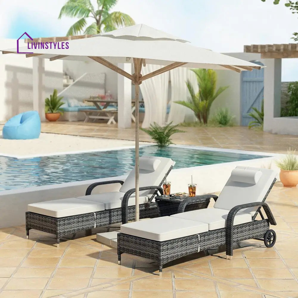Foster Outdoor Swimming Poolside Lounger (Set of 2) with 1 Side Table (Black + Grey) - Loungers