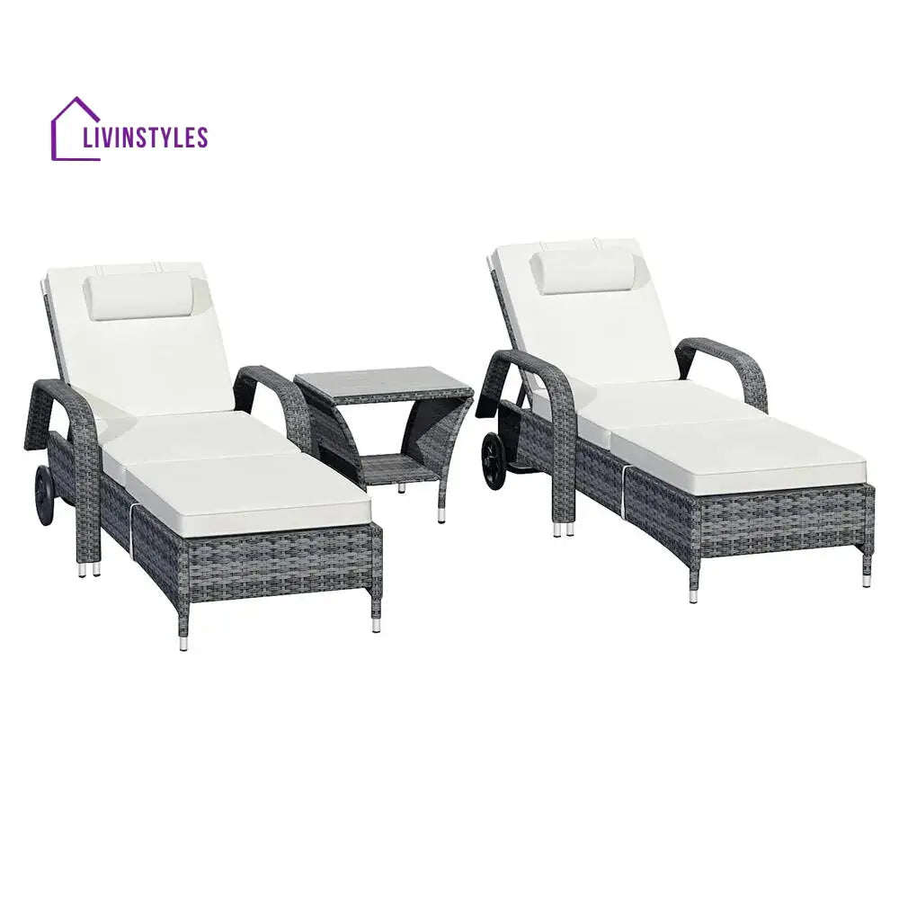 Foster Outdoor Swimming Poolside Lounger (Set of 2) with 1 Side Table (Black + Grey) - Loungers