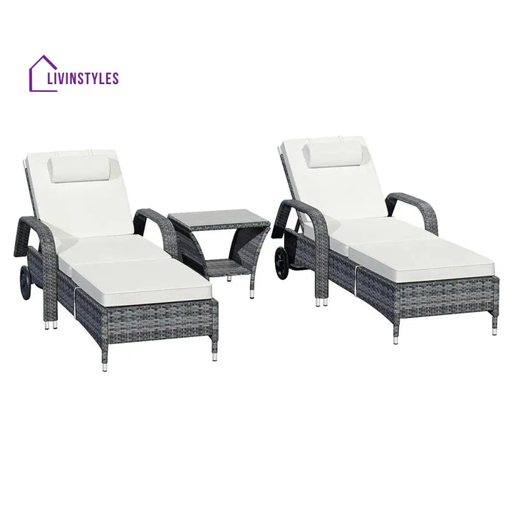Foster Outdoor Swimming Poolside Lounger (Set of 2) with 1 Side Table (Black + Grey) - Loungers