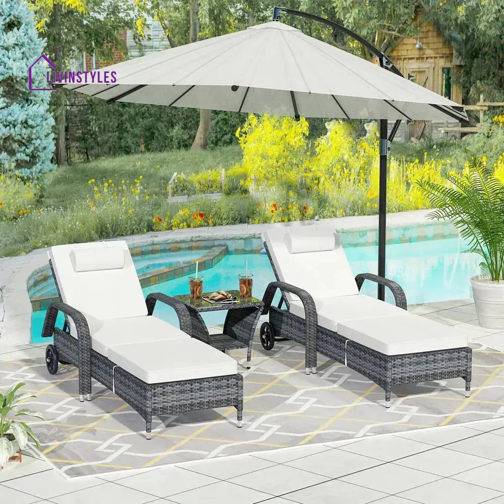 Foster Outdoor Swimming Poolside Lounger (Set of 2) with 1 Side Table (Black + Grey) - Loungers