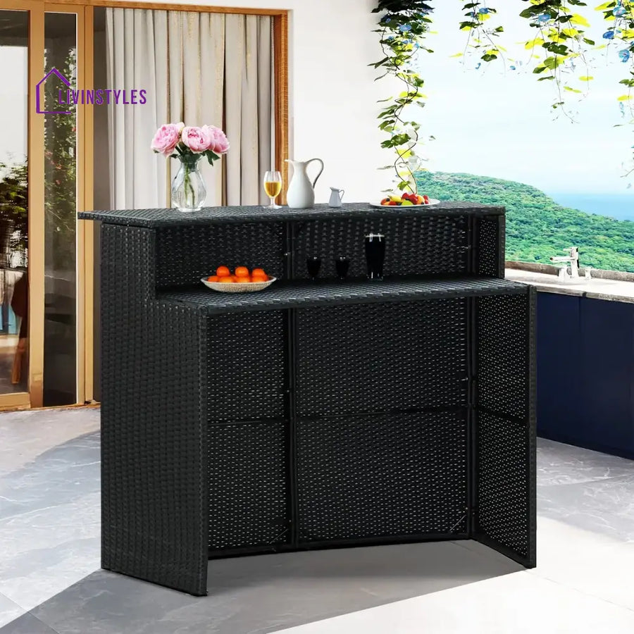 Francisca Outdoor Rattan Wicker Bar Table With a High-Top Design & Integrated Storage Shelf Bar Table