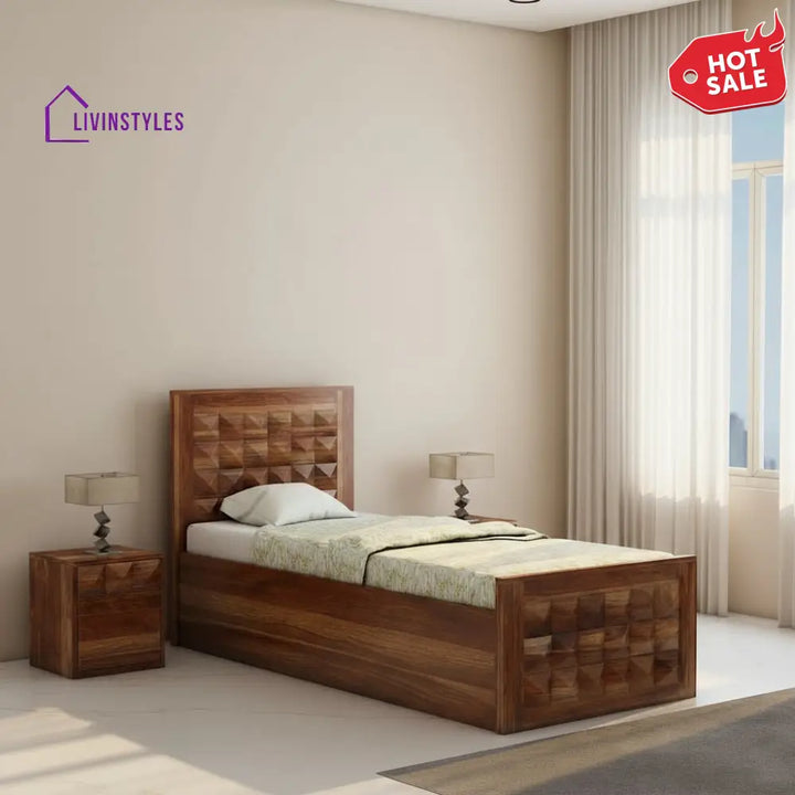 Francisca Solid Sheesham Wood Single Bed With Box Storage (Natural Finish) Bed