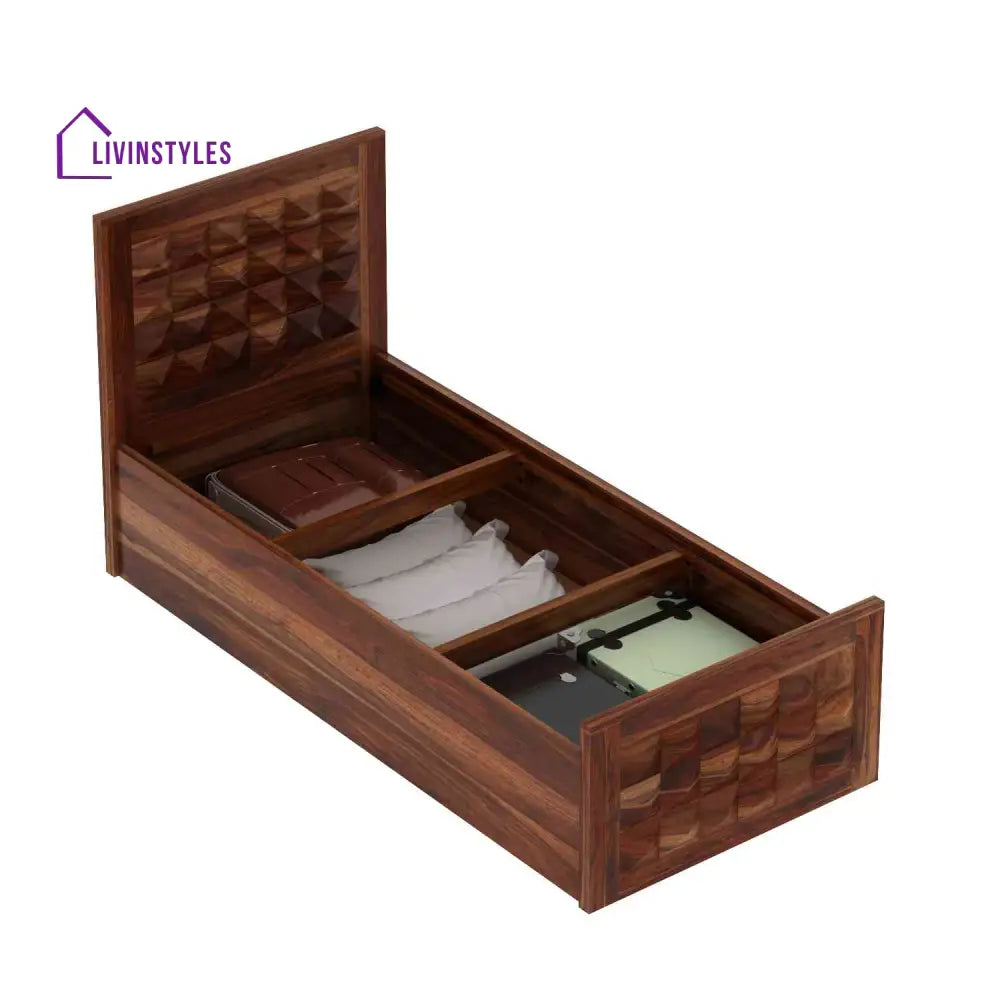 Francisca Solid Sheesham Wood Single Bed With Box Storage (Natural Finish) Bed