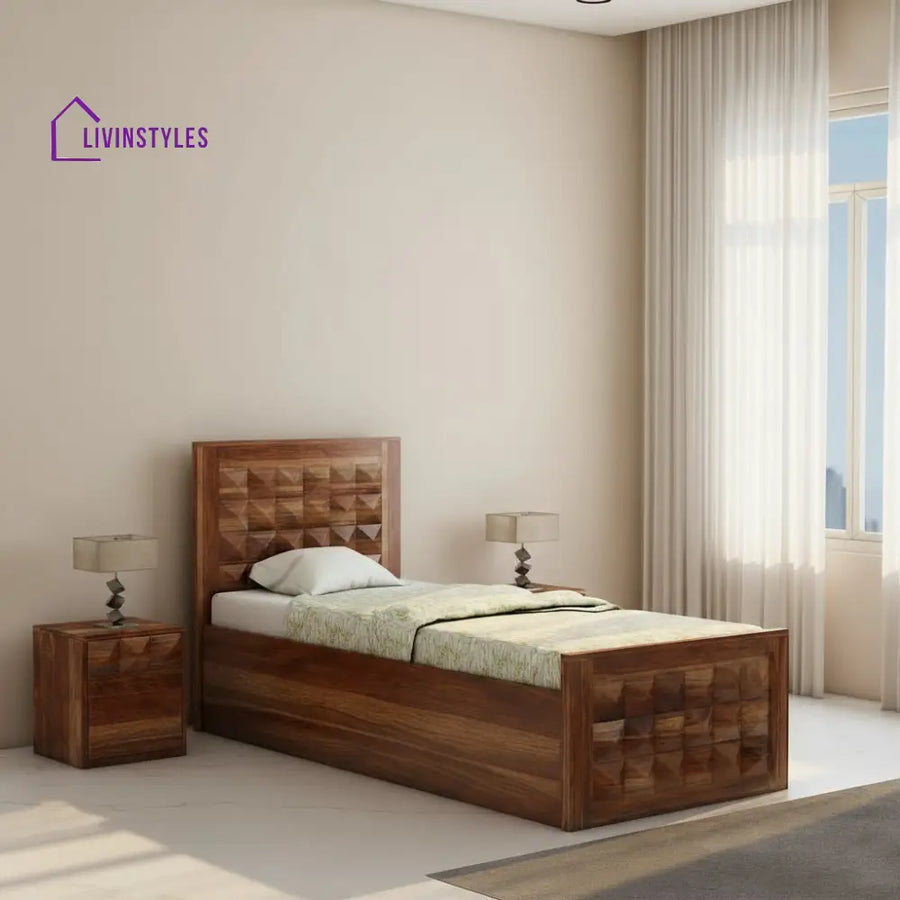 Francisca Solid Sheesham Wood Single Bed With Box Storage (Natural Finish) Bed