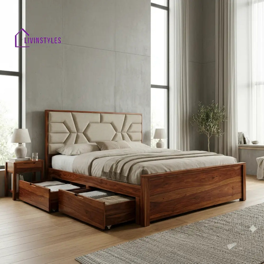 Fraser Premium Sheesham Wood Bed with Fabric Headboard