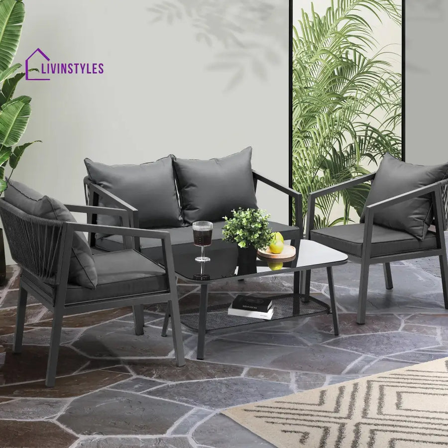 Freig Outdoor Sofa Set 2 Seater 2 Single seater and 1 Center Table (Dark Grey) Braided & Rope - Sofa Sets