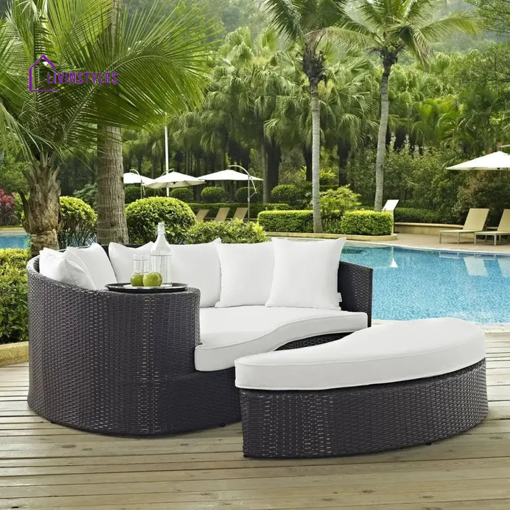 Freja Outdoor Rattan Wicker Daybed (Dark Brown & White) - Daybed