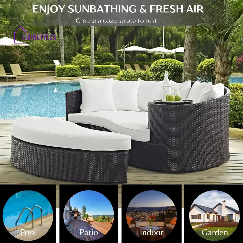 Freja Outdoor Rattan Wicker Daybed (Dark Brown & White) - Daybed