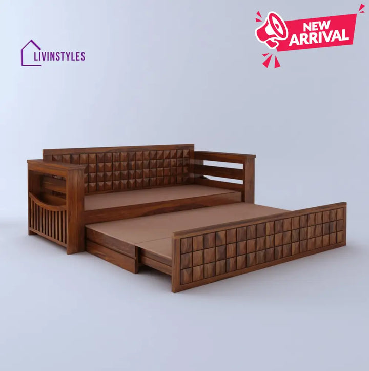 Freya Solid Sheesham Wood 3 Seater Sofa Cum Bed With Headboard and Mini Storage Sofa Cum Bed