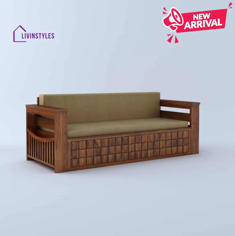 Freya Solid Sheesham Wood 3 Seater Sofa Cum Bed With Headboard and Mini Storage Sofa Cum Bed