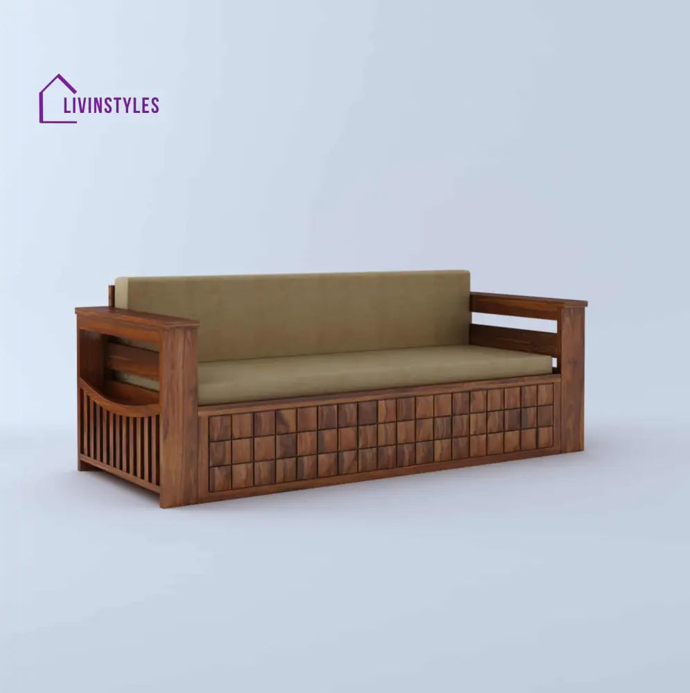 Freya Solid Sheesham Wood 3 Seater Sofa Cum Bed With Headboard and Mini Storage Sofa Cum Bed