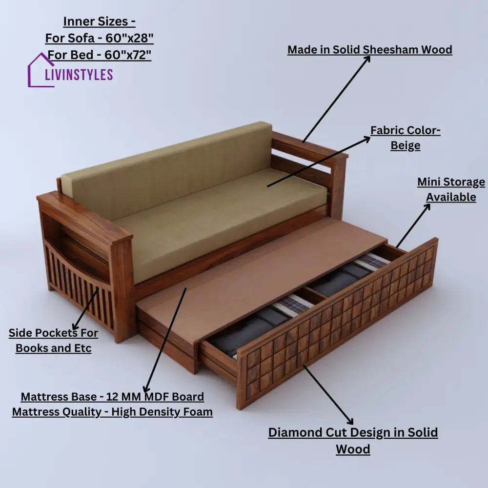 Freya Solid Sheesham Wood 3 Seater Sofa Cum Bed With Headboard and Mini Storage Sofa Cum Bed