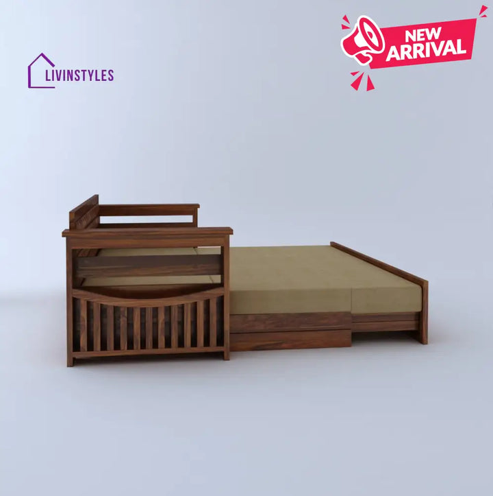 Freya Solid Sheesham Wood 3 Seater Sofa Cum Bed With Headboard and Mini Storage Sofa Cum Bed