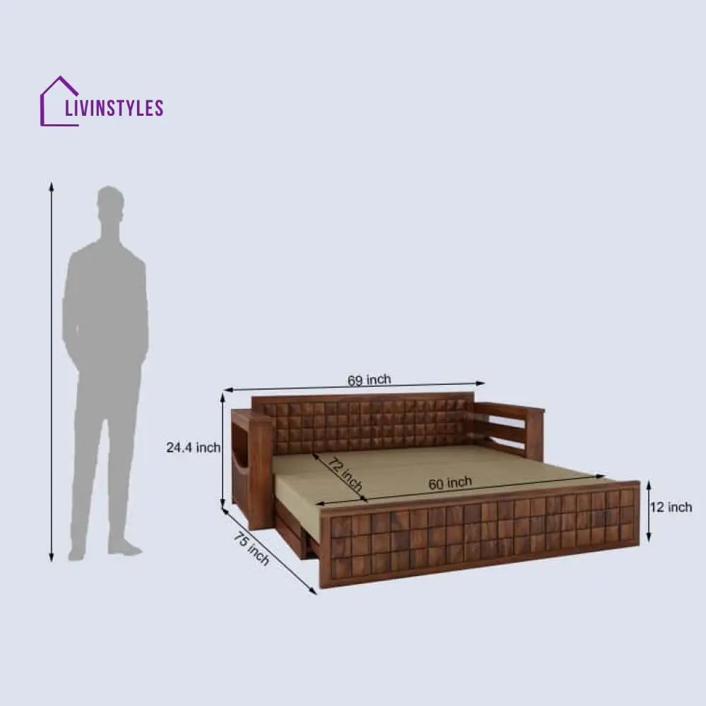 Freya Solid Sheesham Wood 3 Seater Sofa Cum Bed With Headboard and Mini Storage Sofa Cum Bed
