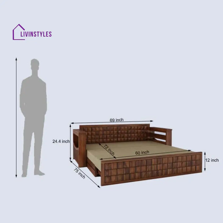 Freya Solid Sheesham Wood 3 Seater Sofa Cum Bed With Headboard and Mini Storage Sofa Cum Bed