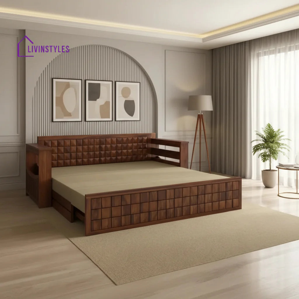 Freya Solid Sheesham Wood 3 Seater Sofa Cum Bed With Headboard and Mini Storage Sofa Cum Bed