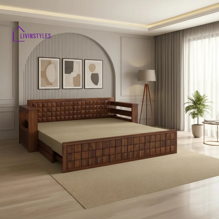 Freya Solid Sheesham Wood 3 Seater Sofa Cum Bed With Headboard and Mini Storage Sofa Cum Bed