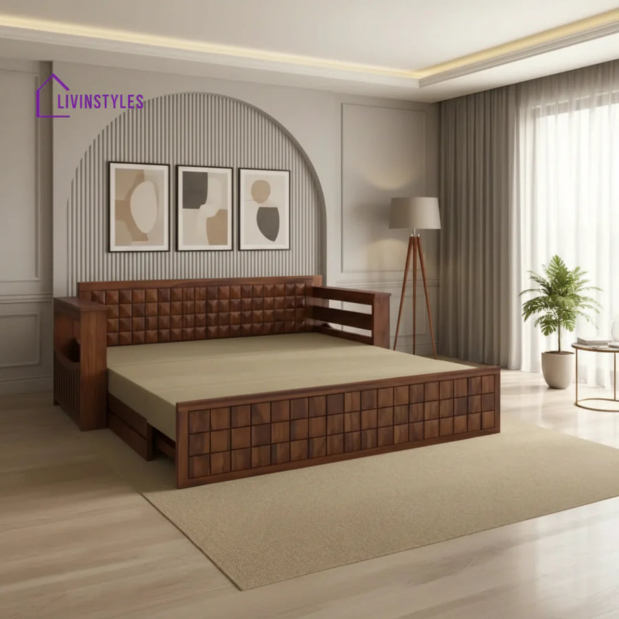 Freya Solid Sheesham Wood 3 Seater Sofa Cum Bed With Headboard and Mini Storage Sofa Cum Bed