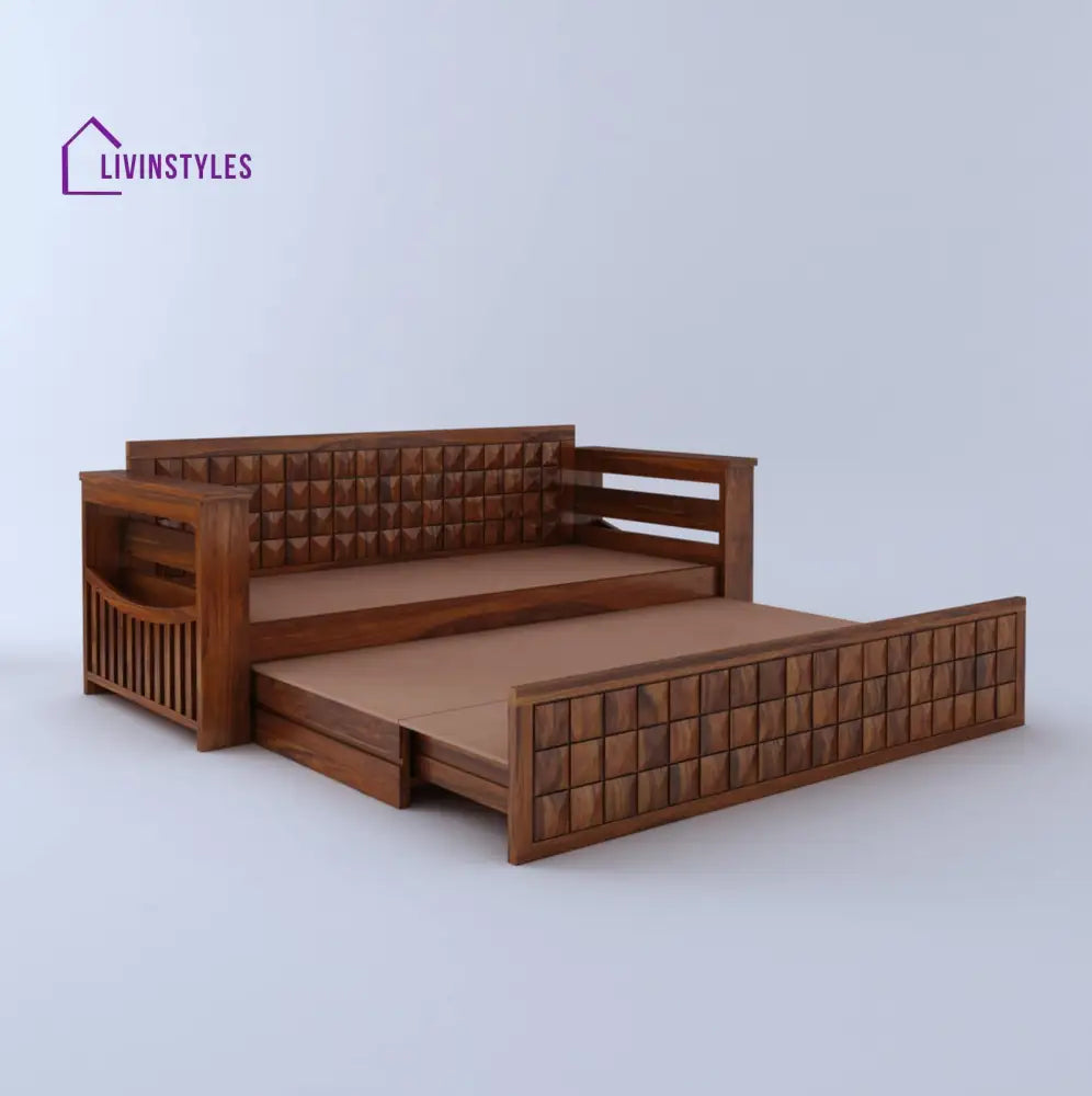 Freya Solid Sheesham Wood 3 Seater Sofa Cum Bed With Headboard and Mini Storage Sofa Cum Bed