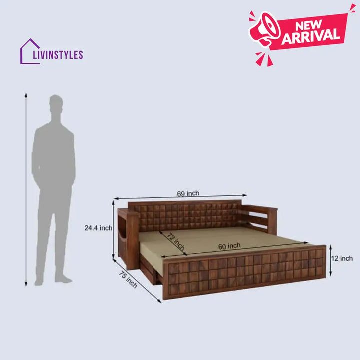 Freya Solid Sheesham Wood 3 Seater Sofa Cum Bed With Headboard and Mini Storage Sofa Cum Bed