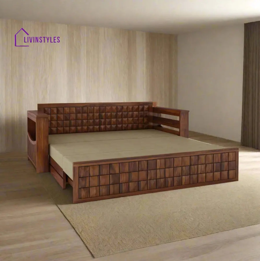 Freya Solid Sheesham Wood 3 Seater Sofa Cum Bed With Headboard and Mini Storage Sofa Cum Bed