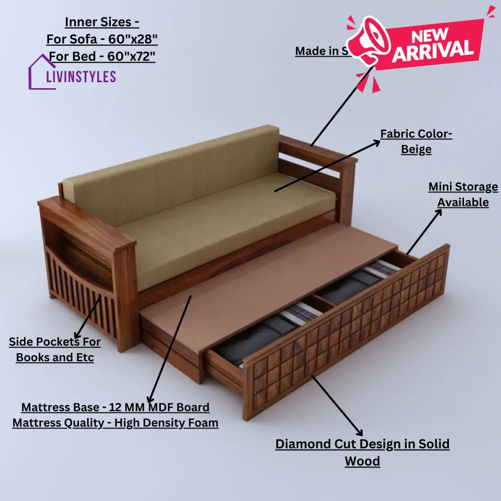 Freya Solid Sheesham Wood 3 Seater Sofa Cum Bed With Headboard and Mini Storage Sofa Cum Bed
