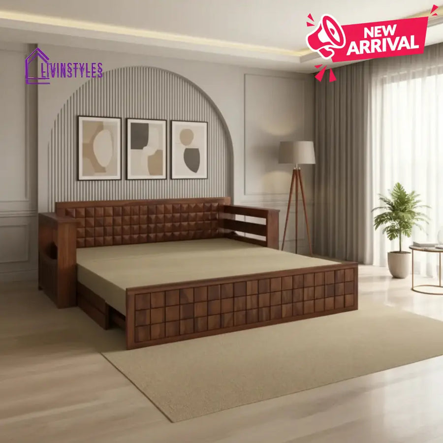 Freya Solid Sheesham Wood 3 Seater Sofa Cum Bed With Headboard and Mini Storage Sofa Cum Bed