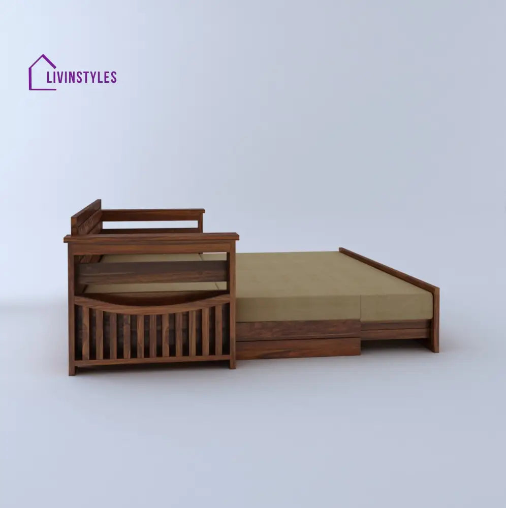 Freya Solid Sheesham Wood 3 Seater Sofa Cum Bed With Headboard and Mini Storage Sofa Cum Bed