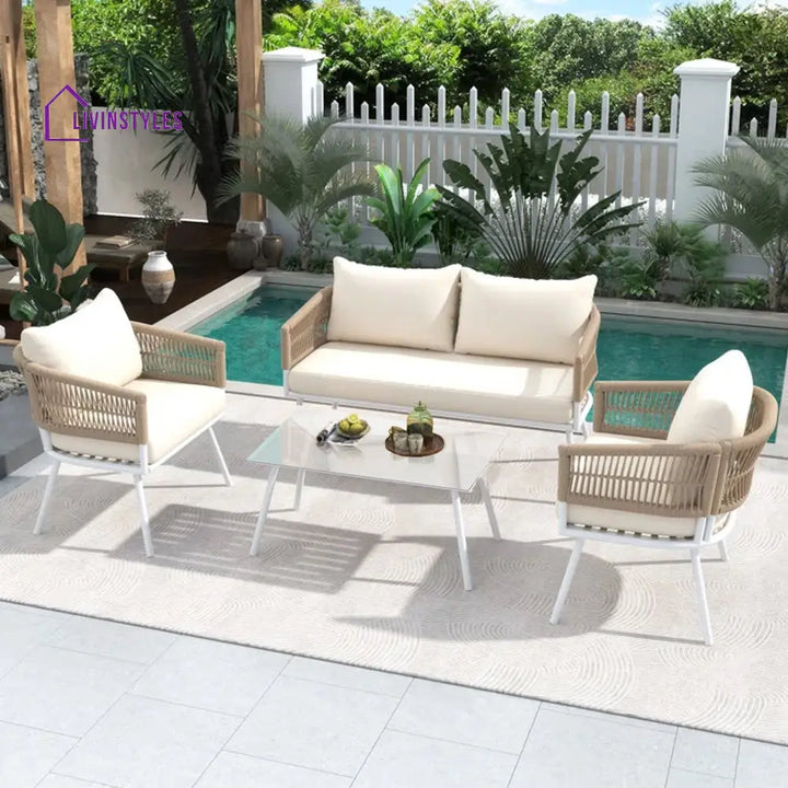 Frias Outdoor Sofa Set 2 Seater 2 Single seater and 1 Center Table Braided & Rope - Beige - Sofa Sets