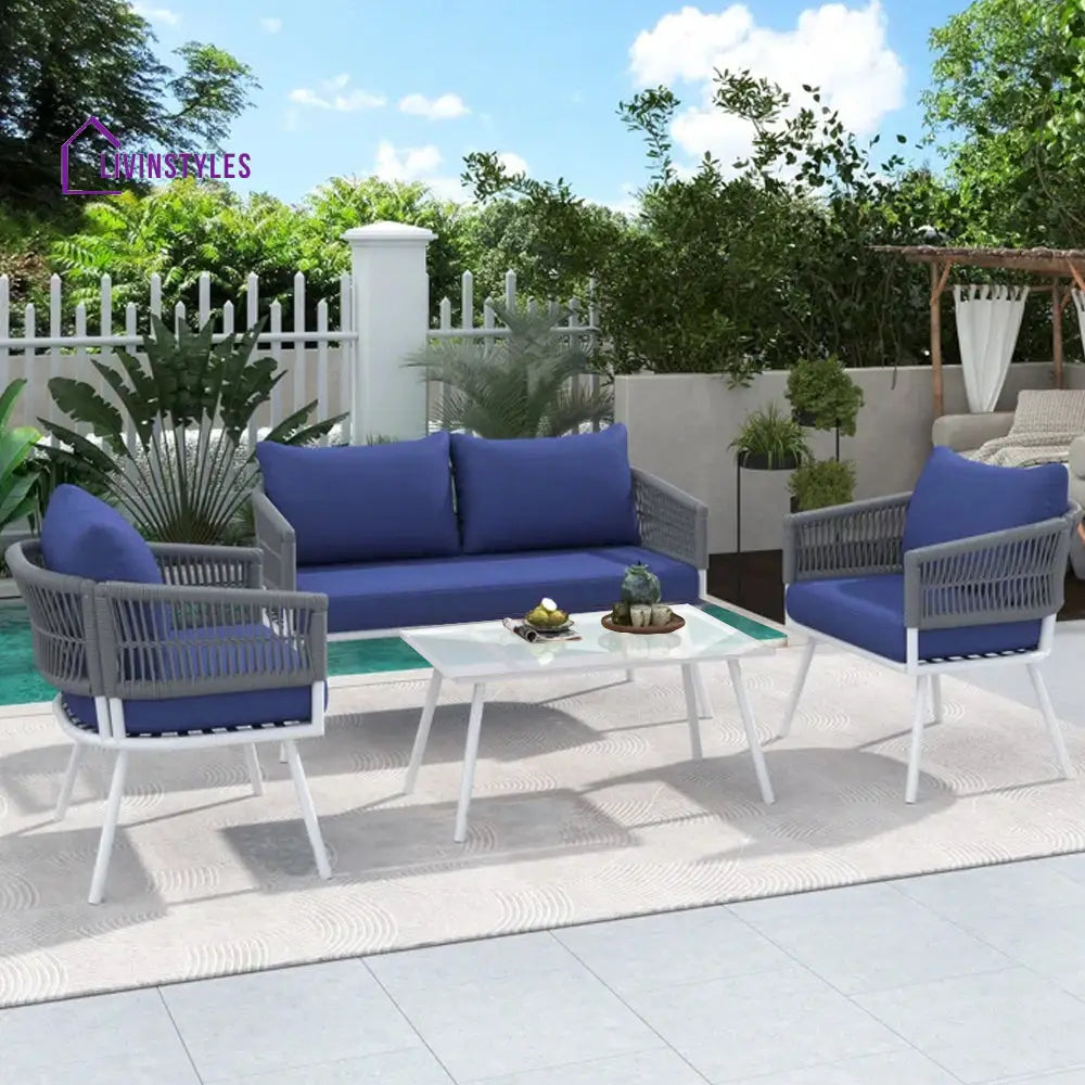 Frias Outdoor Sofa Set 2 Seater 2 Single seater and 1 Center Table Braided & Rope - Blue - Sofa Sets