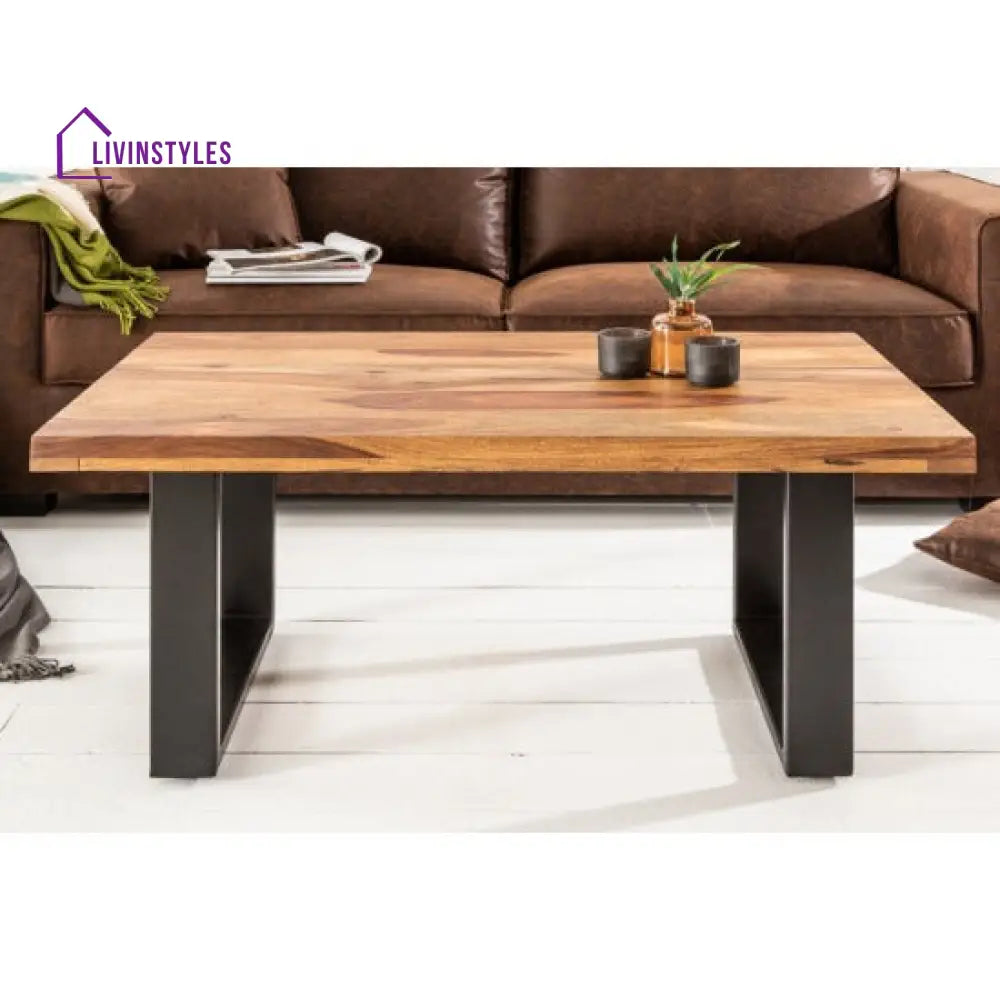 Frocky Coffee Table | Sheesham Wood Coffee Table with Metal Base (Plain Leg Sheesham Wood)