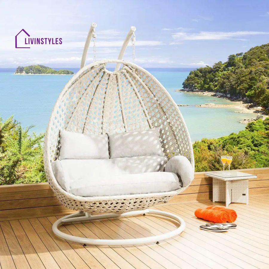Fulvia Double Seater Hanging Swing With Stand For Balcony Garden Swing (White) - Swings
