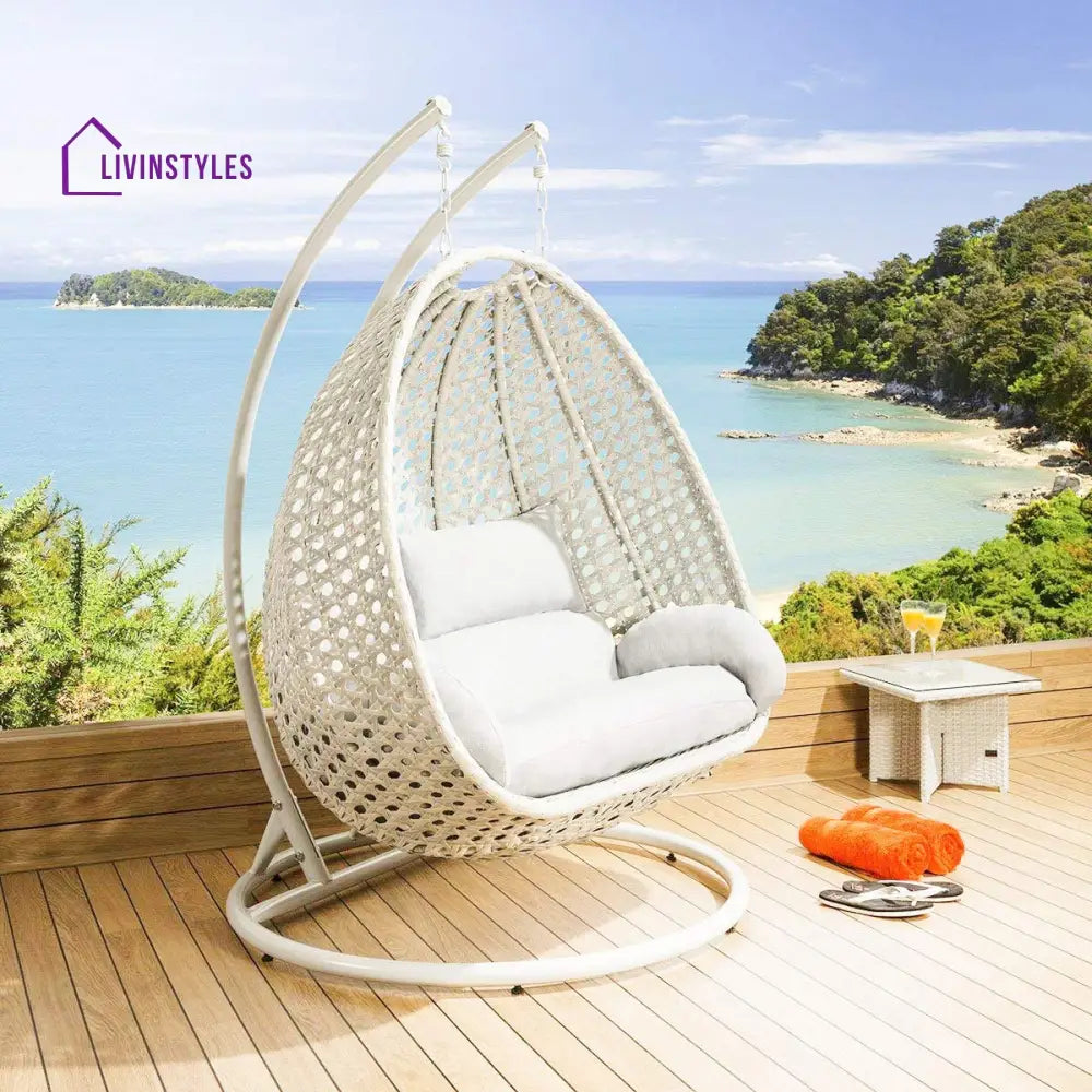 Fulvia Double Seater Hanging Swing With Stand For Balcony Garden Swing (White) - Swings