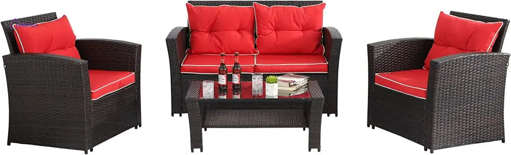 Fulvia Outdoor Sofa Set 2 Seater 2 Single seater and 1 Center Table (Black + Red) - Sofa Sets
