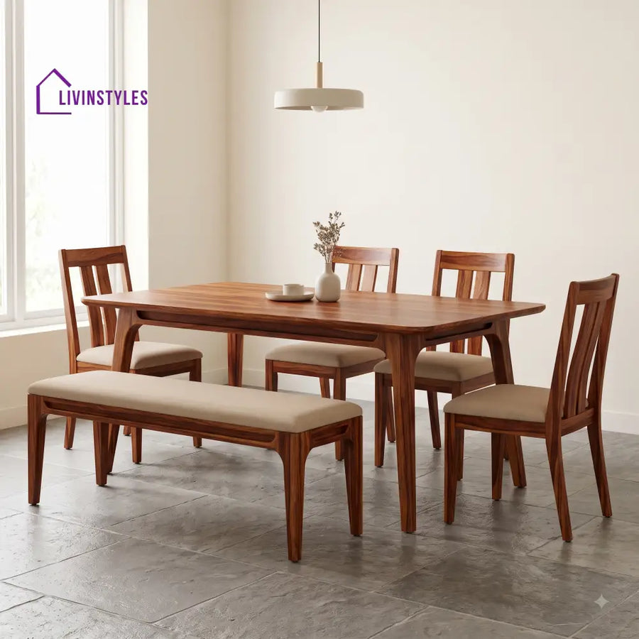 Funke Wooden 6 Seater Dining Table Set | 4 Chairs and 1 Bench | Table 72 X 36 X 30 Inch