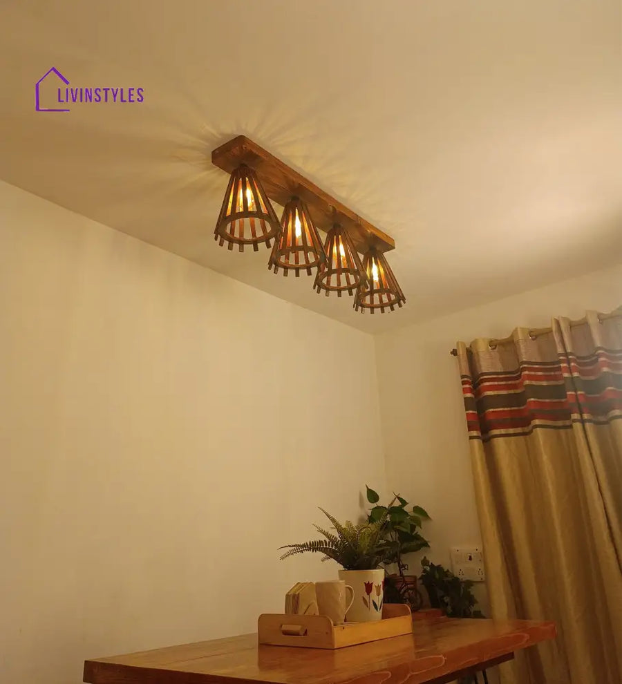 Funnel Brown Wooden 4 Series Ceiling Lamp Lights