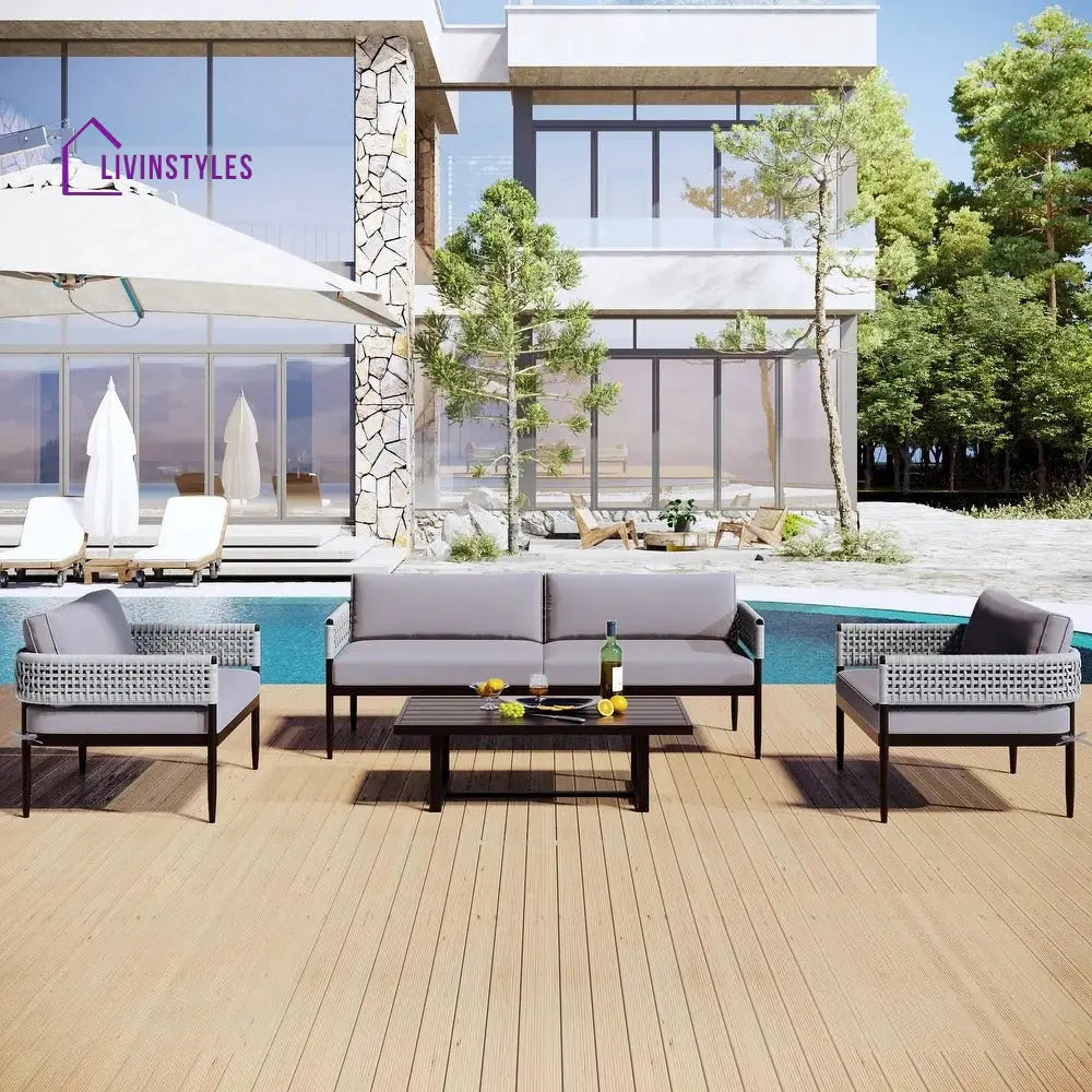 Furni Outdoor Sofa Set 3 Seater 2 Single seater and 1 Center Table Set (Grey) Braided & Rope - Sofa Sets