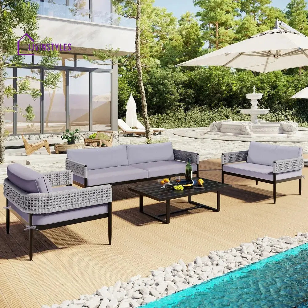 Furni Outdoor Sofa Set 3 Seater 2 Single seater and 1 Center Table Set (Grey) Braided & Rope - Sofa Sets