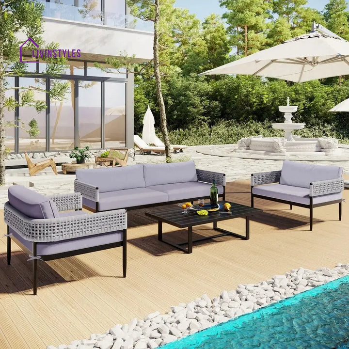 Furni Outdoor Sofa Set 3 Seater 2 Single seater and 1 Center Table Set (Grey) Braided & Rope - Sofa Sets