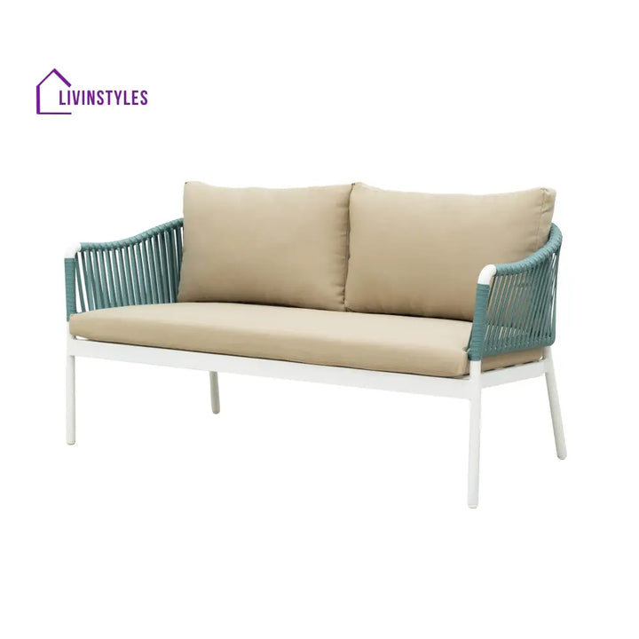 Furnixa Outdoor Garden Balcony Sofa Set 2 Seater 2 Single seater and 1 Center Table Set Braid & Rope (White + Blue)